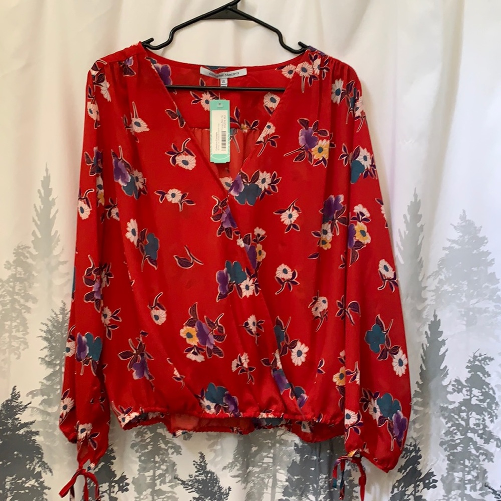 Collective Concepts Red Floral Long Sleeve Blouse Top XL